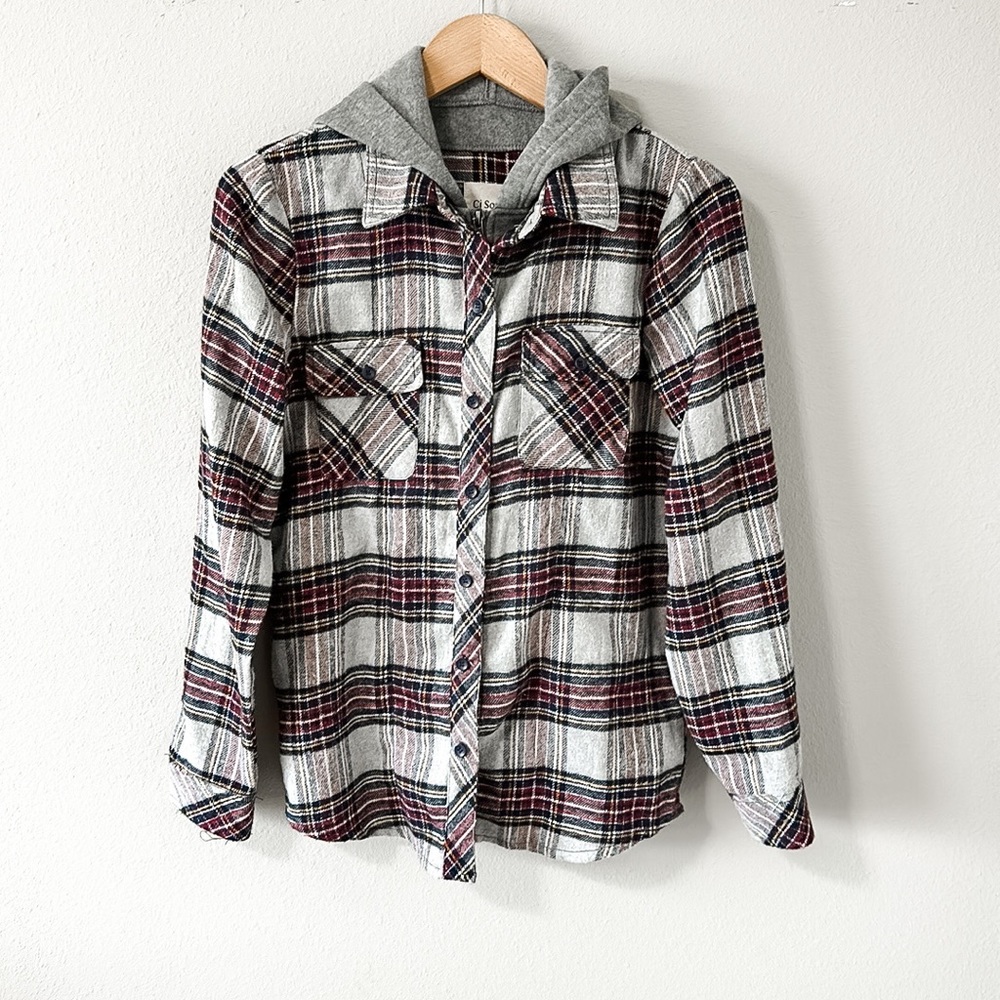 Ci Sono Plaid Hooded Flannel Sweatshirt Women Gray/Burgundy/Blue Small